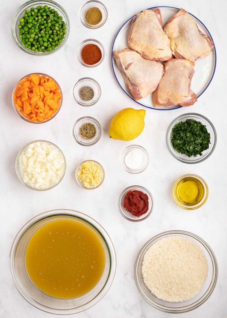 chicken and rice ingredients on white background