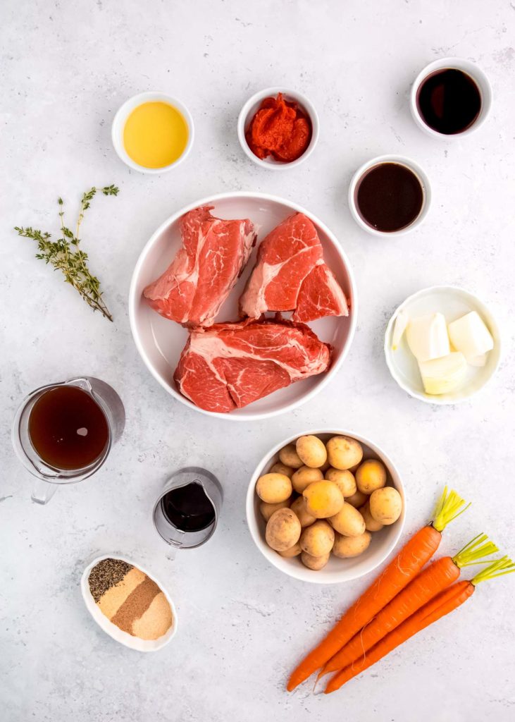 Instant Pot Roast ingredients on white back ground